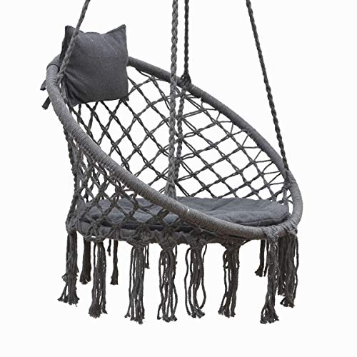 AMANKA Silla Colgante Macramé de 80cm con Cojín - Boho Sillón Colgado hasta 120kg Redonda Gris