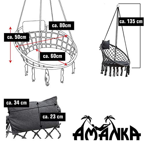 AMANKA Silla Colgante Macramé de 80cm con Cojín - Boho Sillón Colgado hasta 120kg Redonda Gris