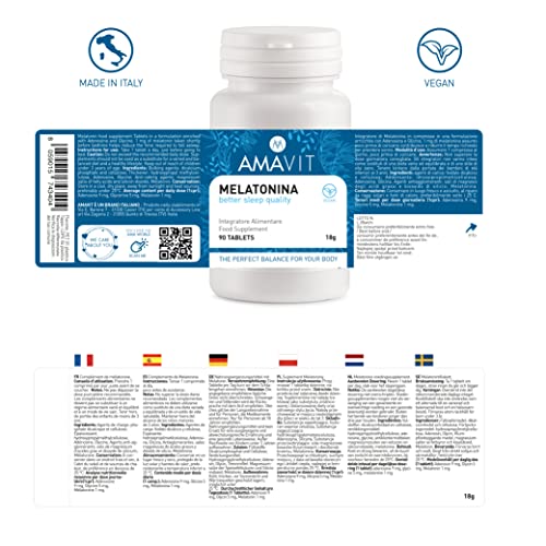 AMAVIT Melatonina para Dormir 1mg 90 Tabletas [Suministro durante 3 meses] MADE IN ITALY Suplemento contra el Insomnio con Melatonina Adenosina Glicina | Pastillas para Dormir Sin Gluten y Lactosa