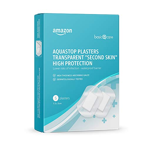 Amazon Basic Care - Tiritas Aquastop transparentes «segunda piel» de alta protección, 60 tiritas, 12 paquetes de 5 unidades, 7,5 x 5 cm