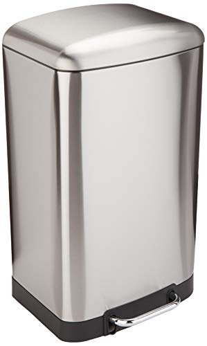 Amazon Basics Rectangle Soft-Close Trash Can with Steel Bar Pedal - 40L, Nickel