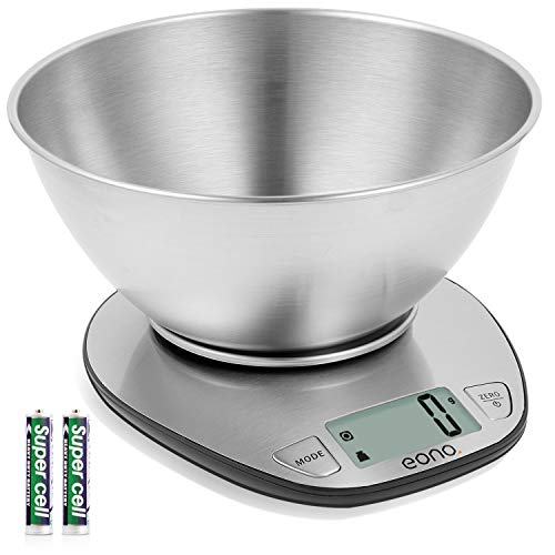 Amazon Brand – Eono Báscula de cocina digital; báscula de acero inoxidable con cuenco desmontable para hornear y cocinar; con función de tara y pantalla LCD; 5 kg; 15 años de garantía