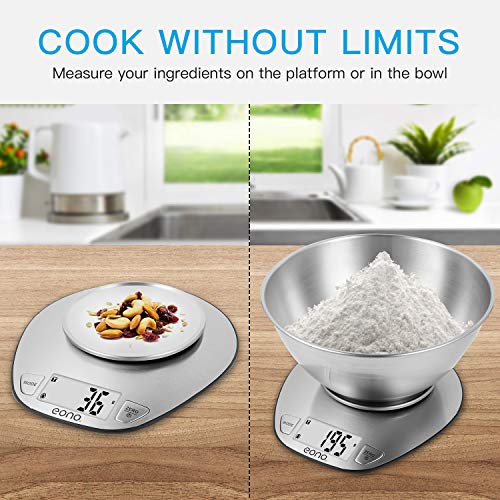 Amazon Brand – Eono Báscula de cocina digital; báscula de acero inoxidable con cuenco desmontable para hornear y cocinar; con función de tara y pantalla LCD; 5 kg; 15 años de garantía