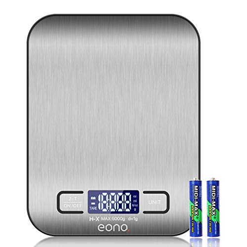 Amazon Brand - Eono Báscula de cocina digital báscula de acero inoxidable de con opción de gramos y onzas para hornear y cocinar 5 kg/1 g