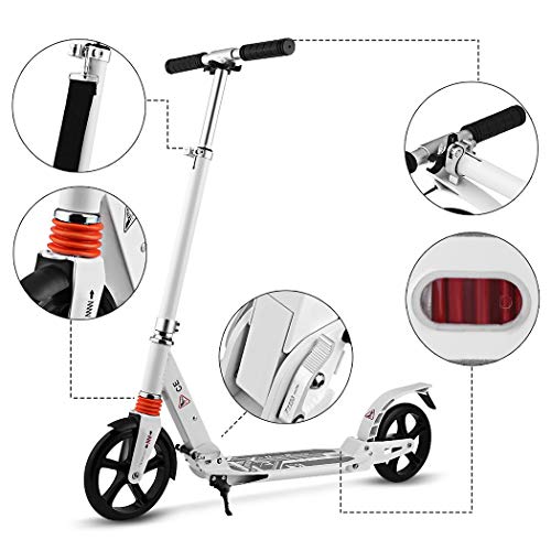 AMDirect Patinete Plegable para Adultos Scooter Manillar Regulable en Altura con Doble Suspensión Ruedas Grande de 20CM Carga de 100kg para 12 Años en Adelante (Tipo2 Blanco)