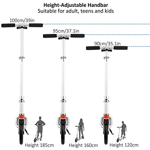 AMDirect Patinete Plegable para Adultos Scooter Manillar Regulable en Altura con Doble Suspensión Ruedas Grande de 20CM Carga de 100kg para 12 Años en Adelante (Tipo2 Blanco)