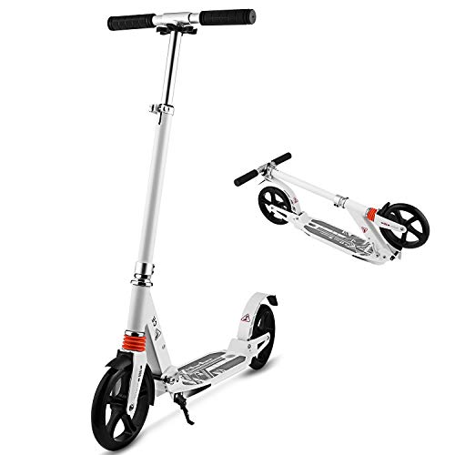 AMDirect Patinete Plegable para Adultos Scooter Manillar Regulable en Altura con Doble Suspensión Ruedas Grande de 20CM Carga de 100kg para 12 Años en Adelante (Tipo2 Blanco)