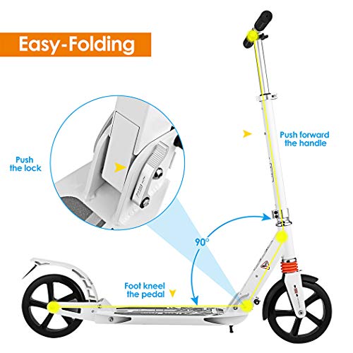 AMDirect Patinete Plegable para Adultos Scooter Manillar Regulable en Altura con Doble Suspensión Ruedas Grande de 20CM Carga de 100kg para 12 Años en Adelante (Tipo2 Blanco)