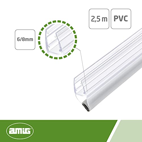 amig - Junta Magnética de Cierre Mod.260 para Cristales de Espesor 6 a 8 mm, Perfil de PVC para Sellado o Estanqueidad de Mamparas de Ducha o Bañera, Polaridad Norte - Sur, 2.5 m, Transparente