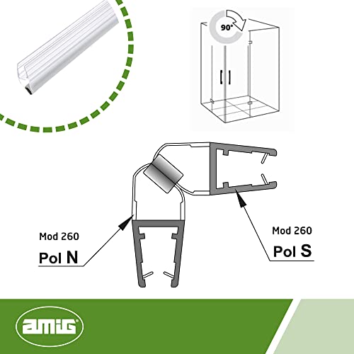 amig - Junta Magnética de Cierre Mod.260 para Cristales de Espesor 6 a 8 mm, Perfil de PVC para Sellado o Estanqueidad de Mamparas de Ducha o Bañera, Polaridad Norte - Sur, 2.5 m, Transparente