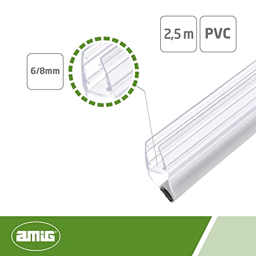 amig - Junta Magnética de Cierre Mod.261 para Cristales de Espesor 6 a 8 mm, Perfil de PVC para Sellado o Estanqueidad de Mamparas de Ducha o Bañera, Polaridad Sur - Norte, 2.5 m, Transparente