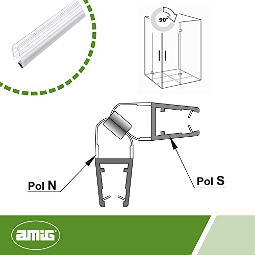 amig - Junta Magnética de Cierre Mod.261 para Cristales de Espesor 6 a 8 mm, Perfil de PVC para Sellado o Estanqueidad de Mamparas de Ducha o Bañera, Polaridad Sur - Norte, 2.5 m, Transparente