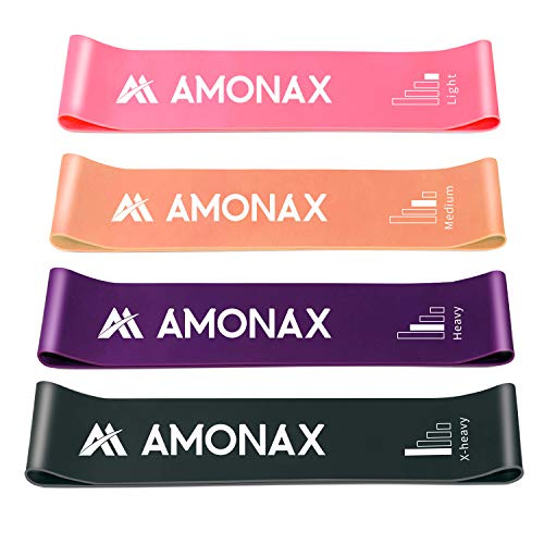 Amonax Bandas de Resistencia, Bandas Circulares para piernas y glúteos con guía de Ejercicios Impresa. Juego de 4 Bandas. (Rosa+Naranja+Púrpura+Gris)