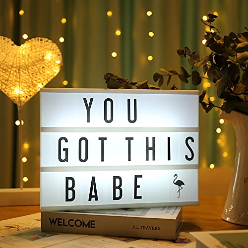 Amzeeniu Caja de Luz LED en Formato A4 Caja de Luz de Cine con 192 Letras Cartas, Emojis,MandoAlimentado por batería y USB para Boda, Aniversario, Cumpleaños,Avidad Fiesta Decoración,Cartel Luminoso