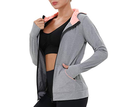 AMZSPORT Chaqueta Deportiva Mujer, Sudadera Capucha Running Cremallera con Agujeros para los Pulgares Gris M