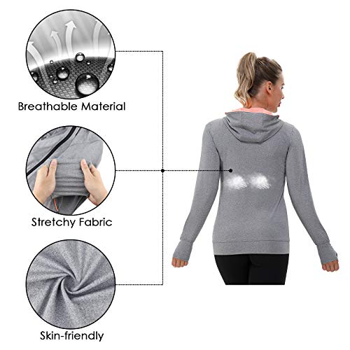 AMZSPORT Chaqueta Deportiva Mujer, Sudadera Capucha Running Cremallera con Agujeros para los Pulgares Gris M