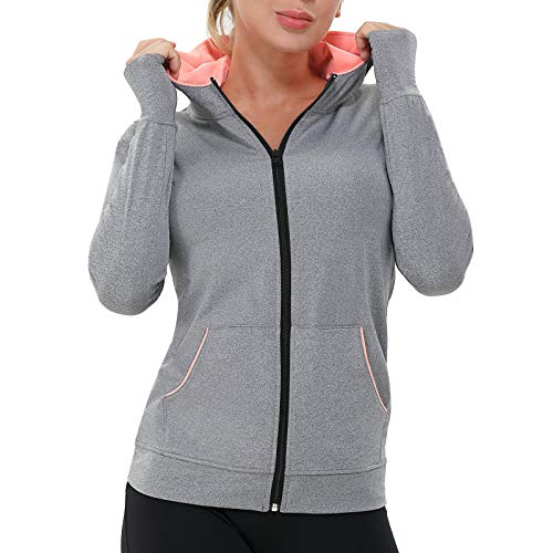 AMZSPORT Chaqueta Deportiva Mujer, Sudadera Capucha Running Cremallera con Agujeros para los Pulgares Gris M