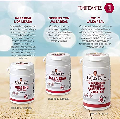 Ana Maria Lajusticia - Ginseng con jalea real – 60 cápsulas. Reduce el cansancio y la fatiga, refuerza el sistema inmunitario. Envase para 60 días de tratamiento.