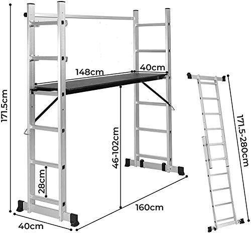 Andamio de aluminio con escalera multifuncional transformable en escalera de caballete y de apoyo, altura de plataforma regulable, con ruedas y barandilla, capacidad de carga de 150 kg