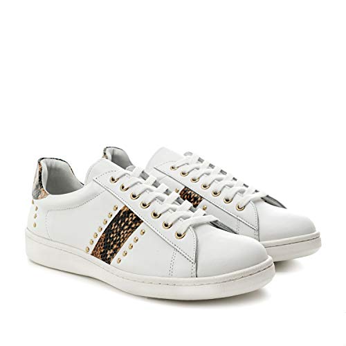 Andrés Machado Zapatillas Deportivas - Sneakers de señora - Chicas en Cuero Blanco y Estampado Serpiente Color Tierra, Talla 43 EU