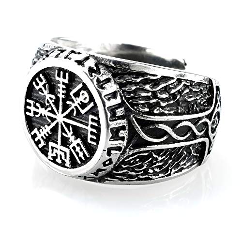 Anillo de acero inoxidable Vegvisir en círculo runa con el martillo de Thor, color plateado, Acero inoxidable,