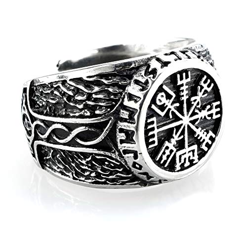 Anillo de acero inoxidable Vegvisir en círculo runa con el martillo de Thor, color plateado, Acero inoxidable,