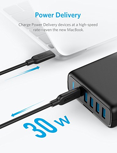 Anker Power Port C de 5 Puertos USB Cargador 60 W Cargador de Pared, 1 Puerto con Power Delivery para Apple MacBook, Nexus 5 x/6P y 4 Puertos PowerIQ para iPhone, iPad, Samsung y Otros Dispositivos