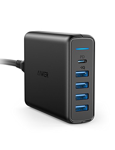 Anker Power Port C de 5 Puertos USB Cargador 60 W Cargador de Pared, 1 Puerto con Power Delivery para Apple MacBook, Nexus 5 x/6P y 4 Puertos PowerIQ para iPhone, iPad, Samsung y Otros Dispositivos