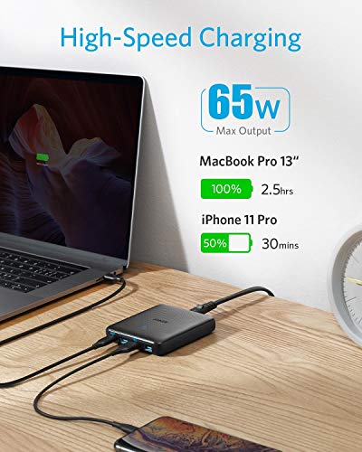 Anker PowerPort Atom III Slim USB-C - Cargador (65 W, 4 puertos, PIQ 3.0 y GaN, con entrada USB-C de 45 W, para MacBook, USB C portátiles, iPad Pro, iPhone, Galaxy, Pixel y más)