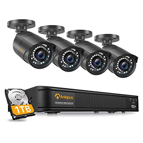 Anlapus 1080P Kit de Cámaras Seguridad PoE 8CH H.265+ Videograbador con 1TB Disco Duro 4 Cámaras de Vigilancia Exterior, 30M Visión Nocturna, App Gratis