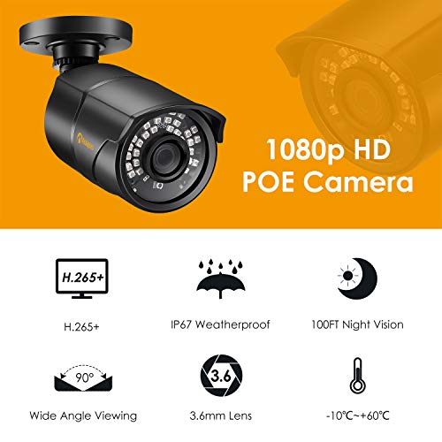 Anlapus 1080P Kit de Cámaras Seguridad PoE 8CH H.265+ Videograbador con 1TB Disco Duro 4 Cámaras de Vigilancia Exterior, 30M Visión Nocturna, App Gratis