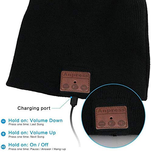 Anpress - Beanie Bluetooth - Conjunto de gorro + guantes portátiles «touch screen» hechos con punto para escuchar música en estéreo sin hilos, vía Bluetooth