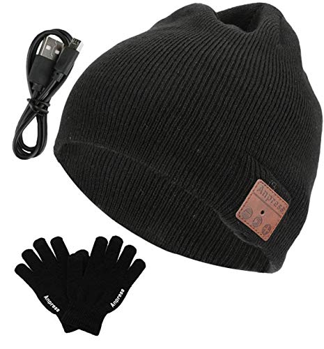 Anpress - Beanie Bluetooth - Conjunto de gorro + guantes portátiles «touch screen» hechos con punto para escuchar música en estéreo sin hilos, vía Bluetooth