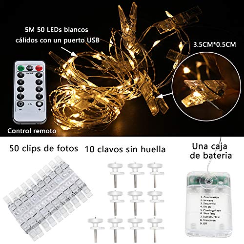 Anpro Clip de Cadena Luces LED Foto, 5M 50 LED,Tira de LUZ,Guirnaldas Luminosas para Decorar Pared,Fiesta,Boda,Habitación