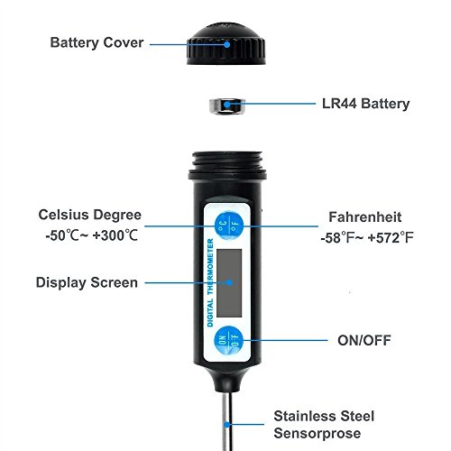 Anpro - Termómetro digital de cocina, con sonda larga y pantalla LCD, para alimentos como carne, aceite, leche, vino, barbacoa y agua caliente, negro