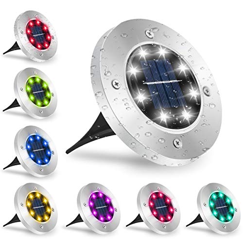 Ansody 8 luces solares de suelo, 8 ledes, multicolor, para exteriores, 6000 K, IP65, resistente al agua, luz solar para el suelo, para el jardín, para caminar, césped, escalones, patio, vallas