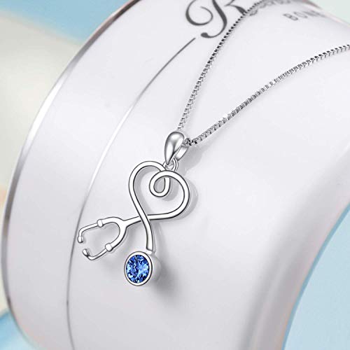 AOBOCO Collar de Plata de Ley con Estetoscopio, Collar con Colgante de Corazón infinito, Collar de Piedra Natal de Enfermera Simulada con Cristal,Regalo Para Médico Enfermera (I)