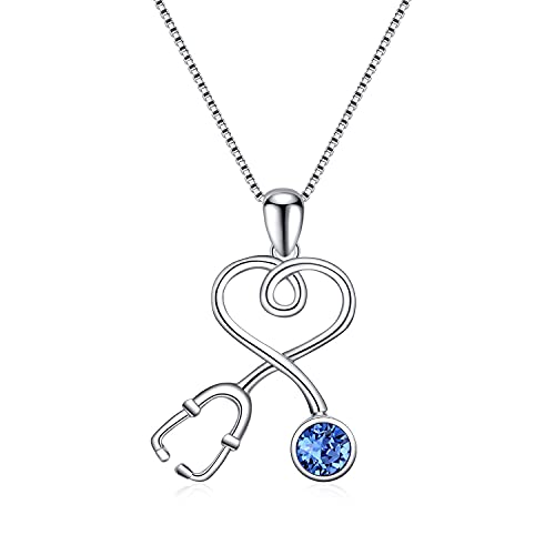 AOBOCO Collar de Plata de Ley con Estetoscopio, Collar con Colgante de Corazón infinito, Collar de Piedra Natal de Enfermera Simulada con Cristal,Regalo Para Médico Enfermera (I)