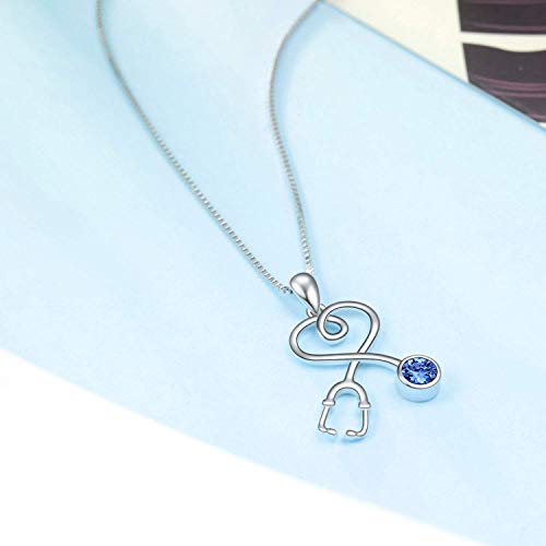 AOBOCO Collar de Plata de Ley con Estetoscopio, Collar con Colgante de Corazón infinito, Collar de Piedra Natal de Enfermera Simulada con Cristal,Regalo Para Médico Enfermera (I)