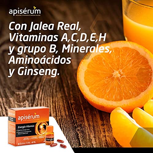 Apisérum Vitamax Cápsulas - Aporte de Energía Extra y Vitalidad Favorece el rendimiento físico e intelectual Con Jalea Real, Vitaminas A,C,D,E,H y grupo B, Minerales, Aminoácidos, Ginseng