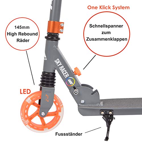 Apollo Scooter LED - Skyracer con Ruedas LED 145 mm City Scooter con suspensión, City Roller Plegable y Ajustable en Altura, Kick Scooter para niños y Adolescentes