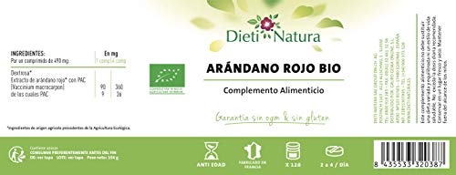 Arándano Rojo Bio 120 cápsulas de Dieti Natura. Protección del aparato urinario [Fabricado en Francia][Certificado ecológico FR-BIO-01][Garantía Sin OGM ni Gluten] (Bote de 120 comprimidos)