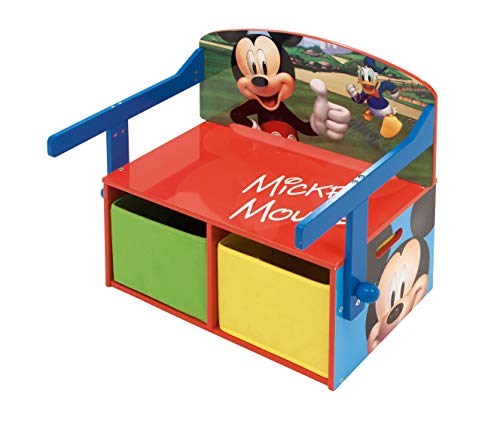 ARDITEX WD12900 3en1 Banco Juguetero de Madera (60x47x56cm) Convertible en Escritorio (60x70x44cm) con Dos cestos Textiles de Almacenamiento de Disney-Mickey