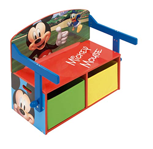 ARDITEX WD12900 3en1 Banco Juguetero de Madera (60x47x56cm) Convertible en Escritorio (60x70x44cm) con Dos cestos Textiles de Almacenamiento de Disney-Mickey