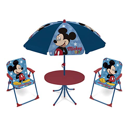 ARDITEX WD13011 Set de Mesa (50x50x48cm), 2 Sillas (38x32x53cm) y Sombrilla (diámetro 110cm) de Disney-Mickey