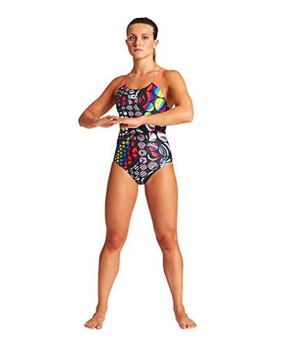 ARENA Bañador Deportivo Mujer Mirrors Glass, Black/Floreale, 44 (004386)