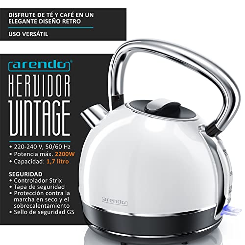 arendo Hervidor de Agua Eléctrico de Acero Inoxidable - 2200W - 1,7 litros - Estilo Retro Vintage Tetera - Tecla de desconexión LED Azul - Diseño Retro en Plata - Blanco