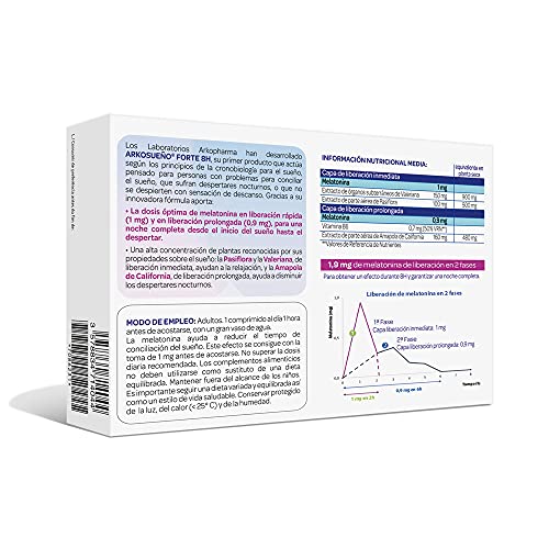 Arkopharma Arkosueño Forte 8h de Sueño Pack 60 comprimidos, Liberación de Melatonina 1,9mg en 2 fases, Despertares nocturnos, Dormir Rápidamente, Complemento Alimenticio