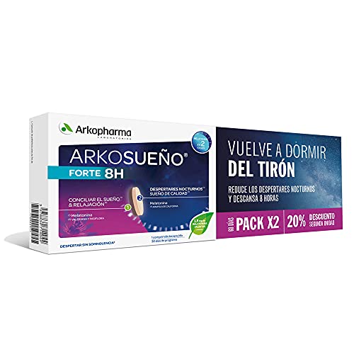 Arkopharma Arkosueño Forte 8h de Sueño Pack 60 comprimidos, Liberación de Melatonina 1,9mg en 2 fases, Despertares nocturnos, Dormir Rápidamente, Complemento Alimenticio