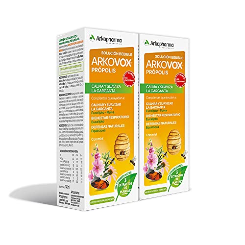 Arkopharma Arkovox Própolis Jarabe 280ML Pack x 2, Bienestar Respiratorio, Calma y Suaviza el Dolor de Garganta, Refuerza las Defensas, Con Extractos de Plantas y Equinácea